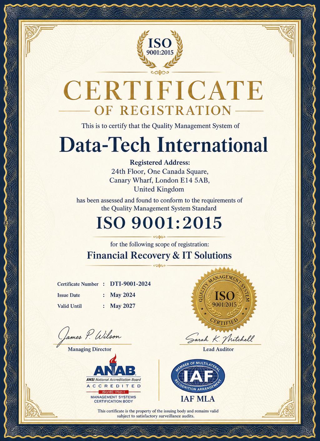 ISO 9001:2015 Certificate of Registration for Data-Tech International